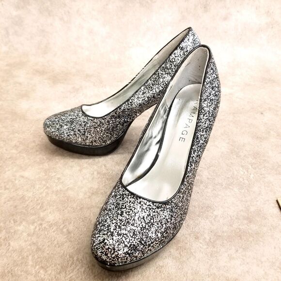 Rampage Womens Tangela Size 8.5 Black Silver Slip On Glittery Heels Platform Pu - Picture 8 of 12